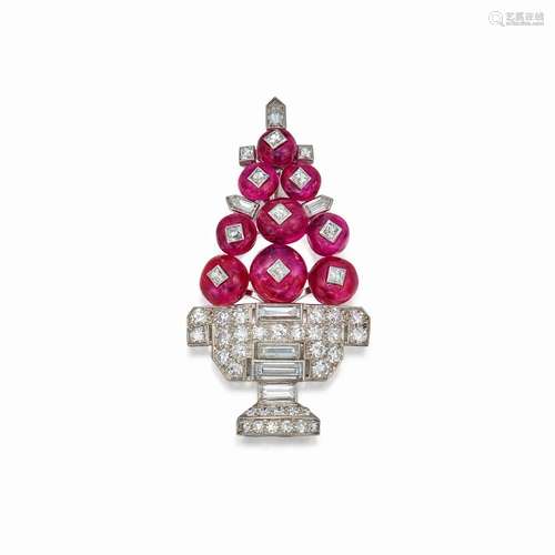 Cartier . Diamond and Ruby Brooch, France.