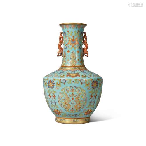 A superb and rare gilt-decorated famille-rose turquoise-grou...