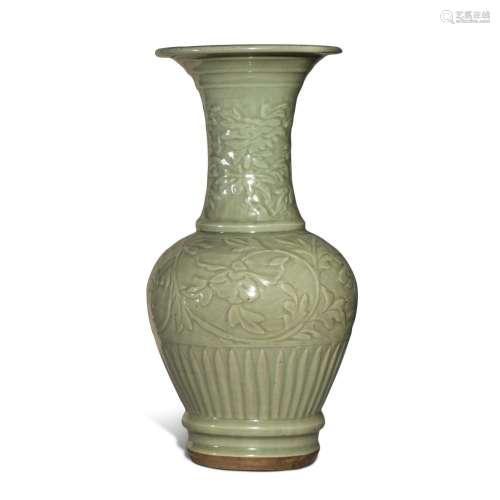 A carved ‘Longquan’ celadon-glazed 'floral' vase, Ming dynas...