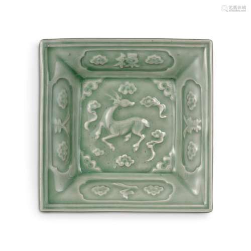 A rare molded 'Longquan' celadon-glazed 'deer' square dish, ...