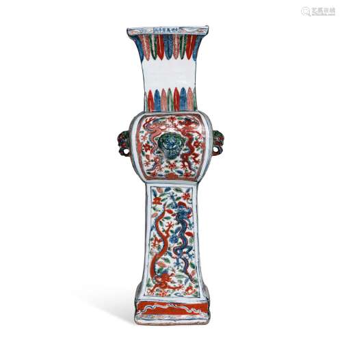 An extremely rare molded wucai 'dragon' zun-form vase, Mark ...