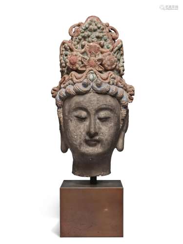 A polychrome-painted stucco head of a bodhisattva, Song - Yu...
