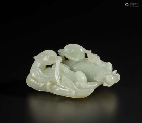 A large pale celadon jade 'mandarin ducks and lotus' group, ...