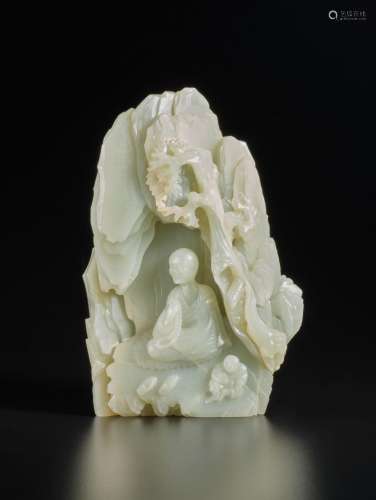 An inscribed pale celadon jade 'Luohan' boulder, Dated Qianl...