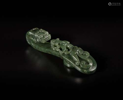 A spinach-green jade 'chilong' belt hook, Qing dynasty, Qian...