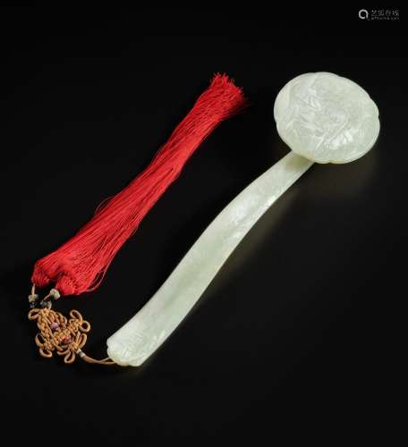 A pale celadon jade 'immortals' ruyi scepter, Qing dynasty, ...