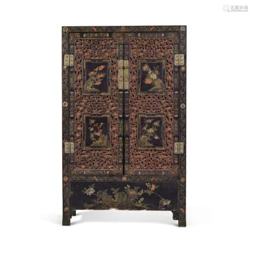 A gilt and polychromed black lacquer cabinet, Qing dynasty, ...