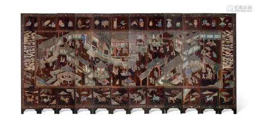 A twelve-panel lacquer 'figural' Coromandel screen, Qing dyn...