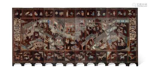 A twelve-panel lacquer 'figural' Coromandel screen, Qing dyn...