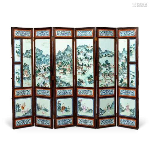 A six-panel famille-rose and doucai porcelain-inlaid screen,...