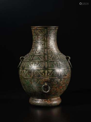 An archaistic gold and silver-inlaid bronze Hu-form vase, So...