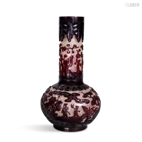 A rare ruby-red overlay snowstorm-ground glass bottle vase, ...