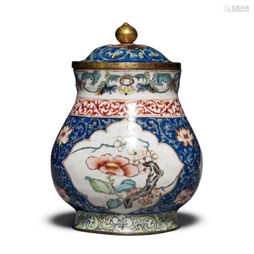 A small Canton enamel 'floral' jar and cover, Qing dynasty, ...