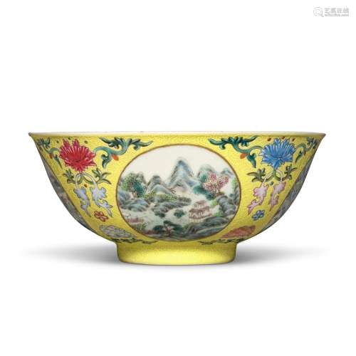 A yellow-ground famille-rose sgraffiato 'medallion' bowl, Se...