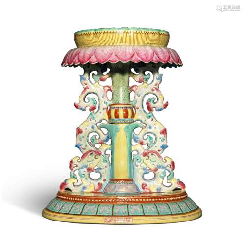 A large famille-rose 'lotus' emblem stand, Seal mark and per...