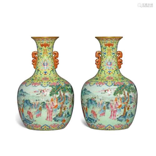A pair of lime-green-ground famille-rose 'immortals' vases, ...