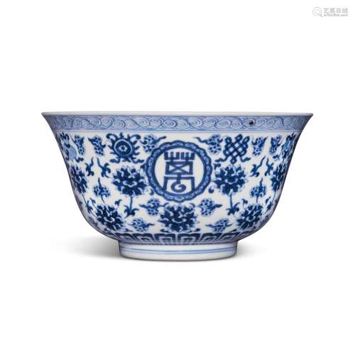 A blue and white 'longevity' bowl, Seal mark and period of D...