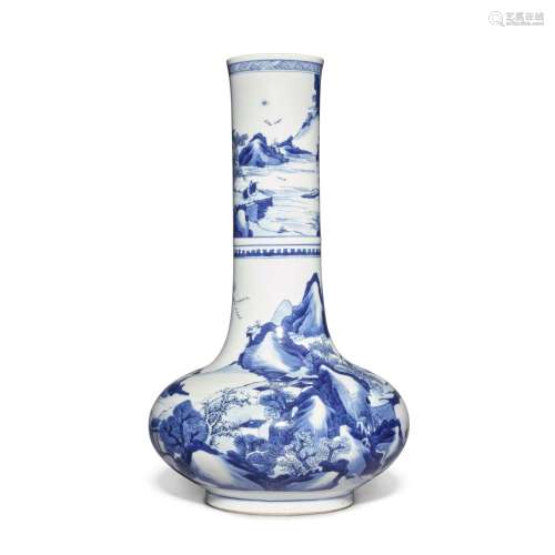 A blue and white 'landscape' bottle vase, Qing dynasty, Kang...