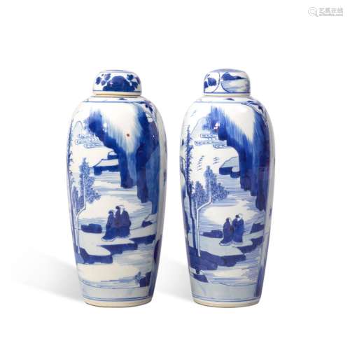 A pair of blue and white 'landscape' jars and covers, Qing d...