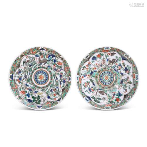 A pair of famille-verte 'auspicious animals' dishes, Qing dy...