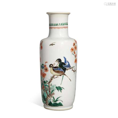 A famille-verte 'magpies and prunus' rouleau vase, Qing dyna...