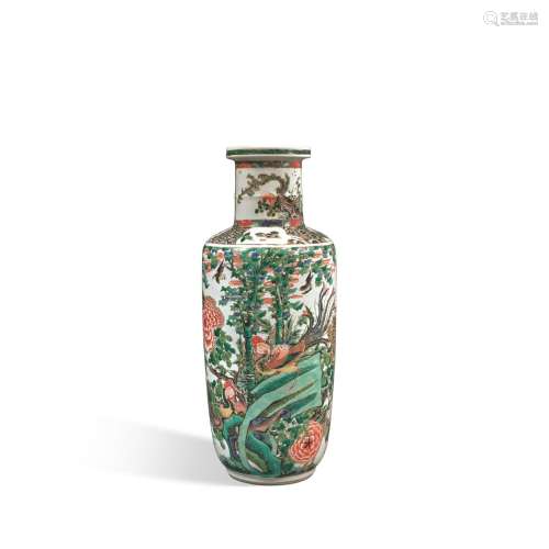 A famille-verte 'phoenixes and birds' rouleau vase, Qing dyn...
