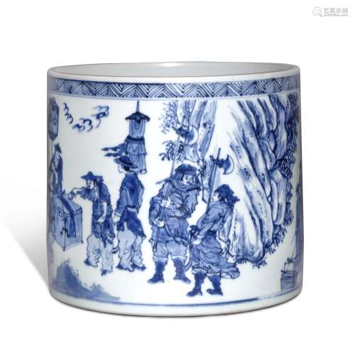 A large blue and white 'figural' brushpot, Qing dynasty, ear...