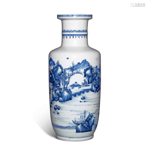 A blue and white 'landscape' rouleau vase, Qing dynasty, Kan...