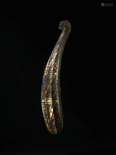 A large silver and gold-inlaid bronze garment hook (Daigou),...