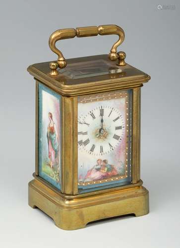 Bronze carriage clock. AIGUILLES. Enamelled bronze plates, f...