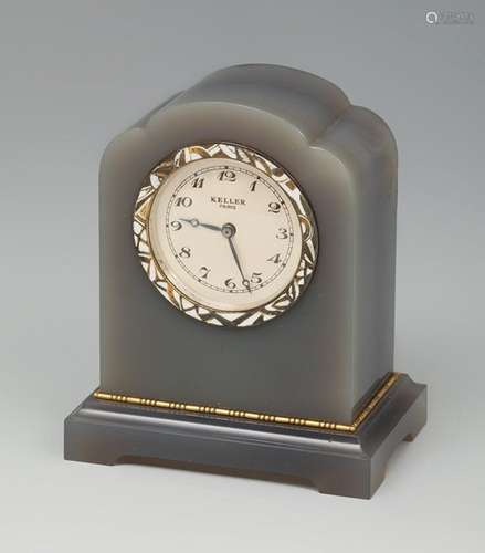 KELLER table clock. art deco, ca. 1920. in agate and enamell...