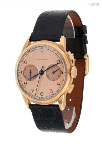 LONGINES men`s wristwatch in pink gold. Chrono. Pink dial, A...