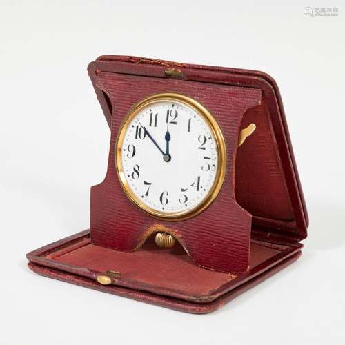 Travel alarm clock; late 19th - early 20th century.Red dyed ...