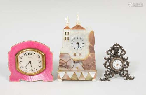 Set comprising three alarm clocks; 20th century.Bronze, enam...