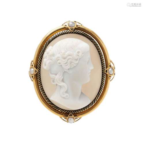 FRENCH, ANTIQUE, AGATE CAMEO, PEARL AND ENAMEL BROOCH
