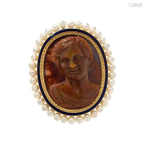 ANTIQUE, AGATE CAMEO, PEARL AND ENAMEL BROOCH