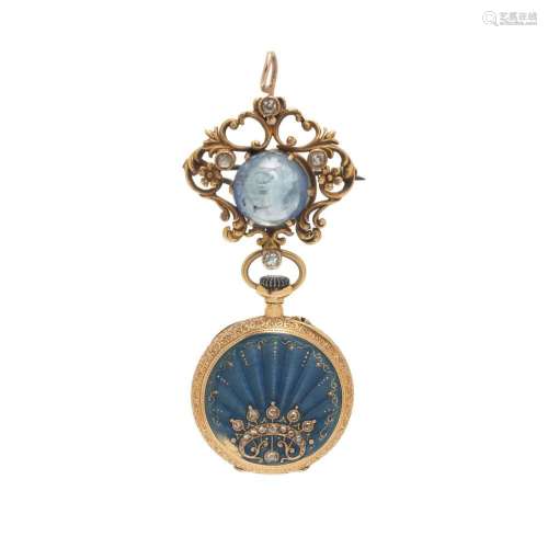 ANTIQUE, YELLOW GOLD, SAPPHIRE, DIAMOND AND ENAMEL OPEN FACE...