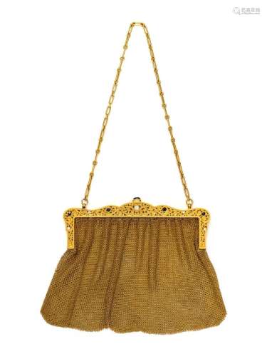 ANTIQUE, YELLOW GOLD, DIAMOND AND SAPPHIRE MESH PURSE