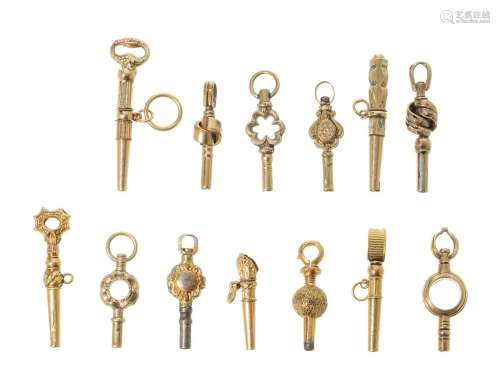 Set of thirteen watch keys, in gilt metal, some with traces ...