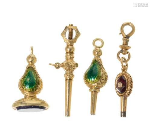 Set of four watch keys in 18kt yellow gold. Models with enam...