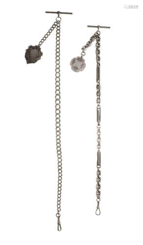 Two silver fob watches. Link chains that finish one in a cir...