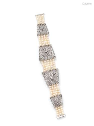 FRENCH, BELLE Ã‰POQUE, DIAMOND AND CULTURED PEARL BRACELET