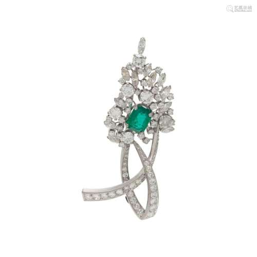 EMERALD AND DIAMOND BROOCH