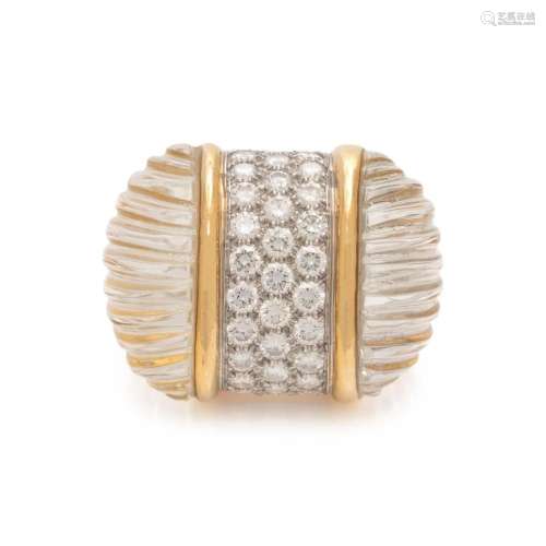 YELLOW GOLD, ROCK CRYSTAL AND DIAMOND RING