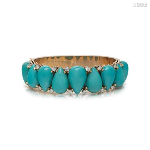 LAYKIN ET CIE, YELLOW GOLD, TURQUOISE AND DIAMOND BANGLE BRA...