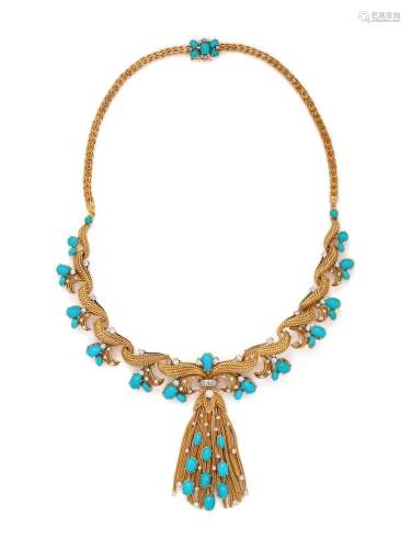 YELLOW GOLD, TURQUOISE AND DIAMOND CONVERTIBLE NECKLACE/BROO...