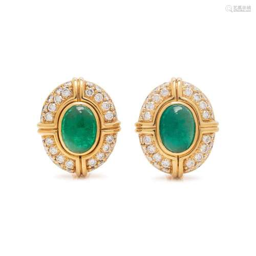 YELLOW GOLD, EMERALD AND DIAMOND EARCLIPS