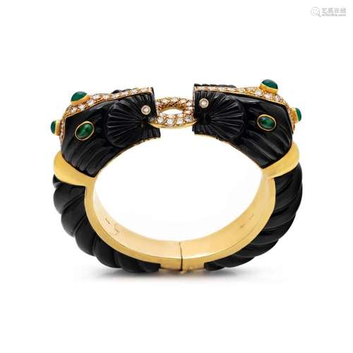 MAZ, ONYX, EMERALD AND DIAMOND BANGLE BRACELET