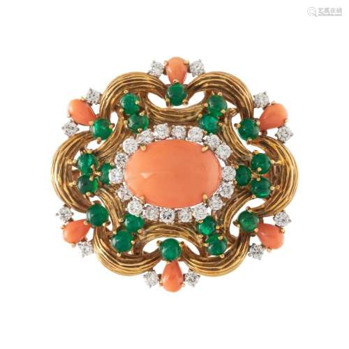 CORAL, EMERALD AND DIAMOND BROOCH