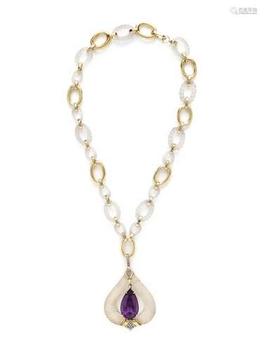 AMETHYST, ROCK CRYSTAL AND DIAMOND PENDANT/NECKLACE